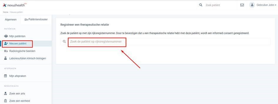 Screenshot die toont hoe je eenmalig de therapeutische relatie met een patiënt registreert